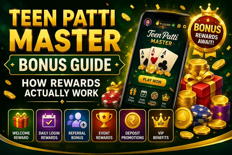 Teen Patti Master bonus rewards, daily login rewards, referral bonuses, VIP rewards, event promotions, and welcome bonuses.